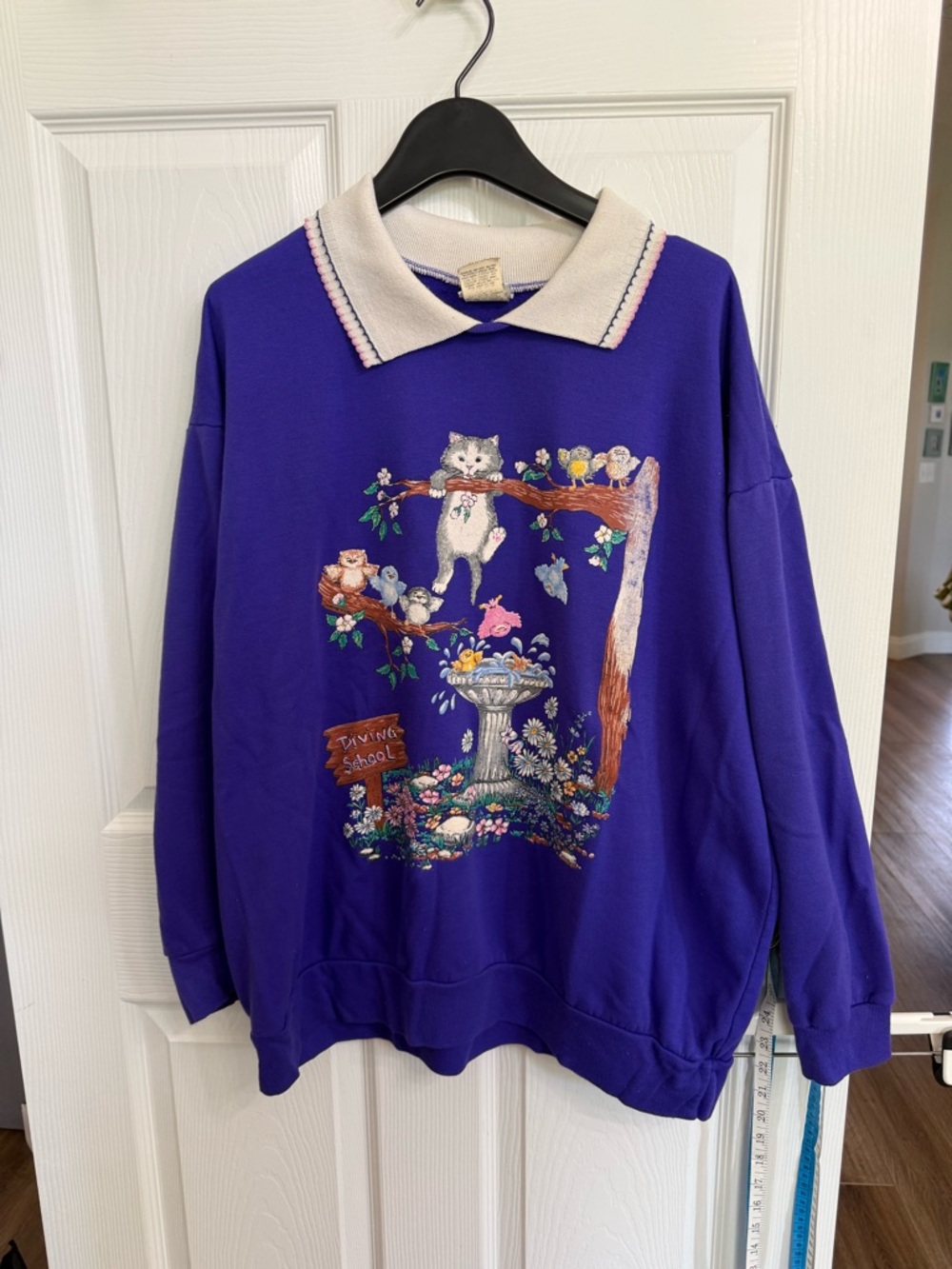 Vintage Hand Painted Cat Bird Sweatshirt USA Cottagecore Whimsical 1X Grannycore